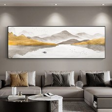 【格森】背有靠山現代輕奢客廳沙髮裝飾畵新中式山水掛畵茶室辦公室墻壁畵, 款-21,70高*210寬【鋁合金邊框+晶瓷平面】