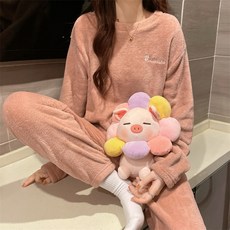 韓版珊瑚絨加絨加厚暖暖睡衣套裝 長袖上衣 寬褲 女裝