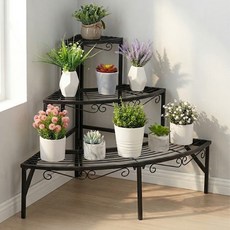 WISFOR 계단식 코너 화분진열대 철제 베란다 거실 인테리어 화분대 코너선반 플랜테리어, 블랙, 3단