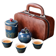Qiaokao 휴대용 빈티지 다기 세트, 블루, 1개, 5