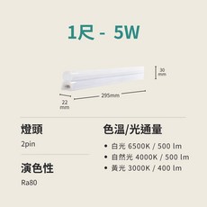 亮博士 LED T5 全塑支架燈, 1個, 1尺,黃光3000K