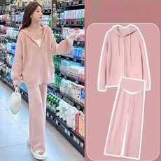 임산부 봄 가을 바지 세트 캐주얼 후드 집업 + 와이드 팬츠 루즈핏 투피스 YLP