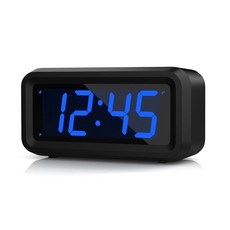KWANWA 알람 시계 소형 디지털 시계 3cm(1.2인치) 그린 LED 시계 밝기 조절 가능 어두운 야간 모드 12시간/24시간 배터리 작동 벽 장착 스누즈, 블랙 케이스-다크 블루 LED
