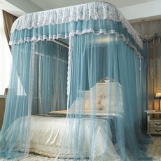宮廷軌道落地紋帳 公主風U型導軌蚊帳, 【单层】导轨-天藍色,1.5米床【寬150*長200】