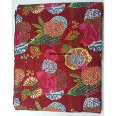 마룬 프루트 칸타 베개 커버 빈티지 에스닉 플로럴 코튼 퀼팅 칸타 퀼트 커버렛 침대 스프레드 패치워크 스티치 담요 트윈/퀸/캘리포니아 킹 사이즈 (60X90인치), 60X90인치
