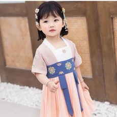 韓版女童韓服連身裙，精緻繡花，柔軟舒適，典雅配色