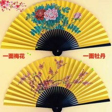 巨匠工廠戲曲折疊扇 一面梅花一面牡丹 30根扇骨非遺表演扇, 8寸黑骨金色（一面牡丹一面梅花）