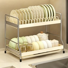 베이스앰 40cm 튼튼한 식기건조대 주방 물빠짐 그릇정리대, 1개, 크림색, 2단