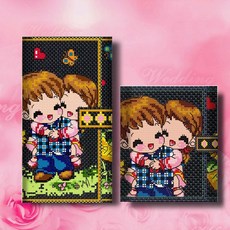 手工DIY十字繡自己繡包郵新款十字繡錢包情侶款 風雨同行 三折長款短款女款男款非成品, 黑色繡布,情侶套裝一對生態棉線, 1個