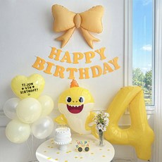 로나파티 생일 풍선 세트 아기상어 두돌 파티 용품 꾸미기 리본 숫자 하트, 아기 상어 세트 옐로우 - 숫자 풍선 4, 1개