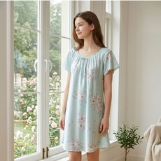 emon 柔水花影 舒眠細滑絲質 連身裙睡衣 L-XL, 綠