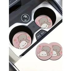 쿠쿠스토어 딸기 만화 고양이 컵받침 2개 자동차 컵홀더 흡수성, 01 pink