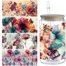 [ 940092 ] 플라워 UV DTF 트랜스퍼 스티커 5장 유리 텀블러용 방수 데칼 병 및 컵 장식용 플라스틱 접착 라벨(스타일1-5장), 스타일1-5 시트