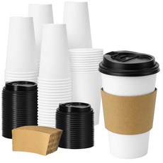 Clawsoff 100팩 473.2ml(16온스) 일회용 종이 커피 컵 뚜껑과 슬리브 포함 뚜껑이 있는 견고하고 두꺼운 종이컵 (화이트), 16 oz, White