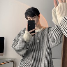黑白條紋毛衣，男款潮牌百搭軟糯針織衫，秋冬內搭慵懶風寬鬆情侶款外套