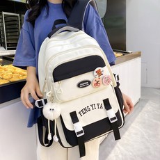 新款書包女初中生高中學生雙肩包大容量減負三件套護脊輕便揹包女, 黑色雙肩包+徽章+掛件:1個, 1個