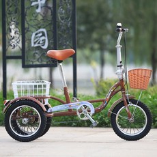 세발 자전거 삼륜 어르신 노인 삼발이 성인 효도 선물, 14 인치 브라운 접이식 손잡이 야채 바구니, 1개