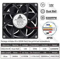 1P Gdstime 120mm x 냉각 PWM 팬 DC 4PIN 볼 워크스테이션 PSU 서버 인버터 캐비닛용 대형 공기 흐름, 01 검정색, 01 RGB 없음, 02 12V Ball 4P 5300RPM
