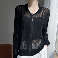 ROYALBELLE 여성 라운드넥 지퍼디테일 시스루 망사 긴팔 자외선차단 캐주얼 루즈핏 가디건 자켓 D0071404