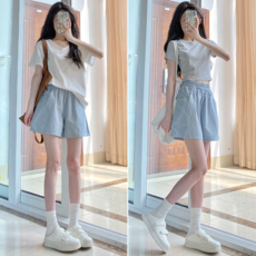 藍色棉短褲 女 夏季薄款 高腰外穿休閒闊腿