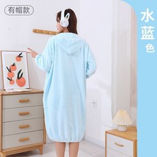 居家長款連帽浴袍 睡衣 居家服, 1個, 天藍色 帶帽款