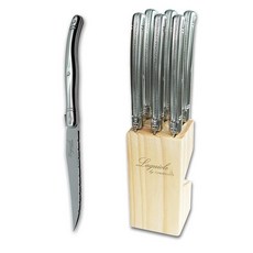 TopKnife Laguiole 스테이크 나이프 6개 세트 - 스테인리스 스틸 손잡이 - 소나무 블록, 나이프 세트 6개 - 톱니 블레이드 - 소나무 블록, 1개