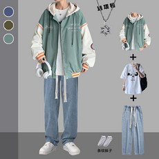 休閒上衣男 潮男衣服 兩件套裝 休閒套裝男 休閒套裝男2023新款春秋季vintage拚接撞色休閒百搭帥氣一套搭配