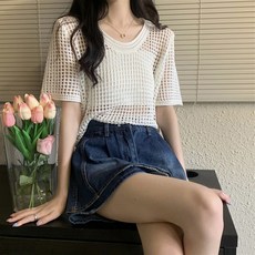 보슈 여성 시스루 루즈핏 그물 니트조끼 베스트