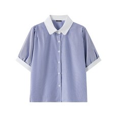 르샵 여성용 스트라이프 카라 퍼프 반팔 셔츠 DQ2BA021A
