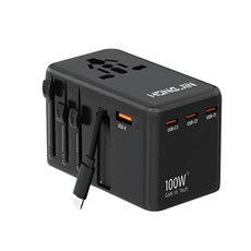 HONG JIN 宏晉 100W氮化鎵自帶線旅行轉接頭 萬用充電器 內建充電線 萬國插頭 PD快充, 1個, 45W,黑色