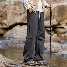 男款加絨保暖防風防水衝鋒褲 美式寬鬆直筒工裝褲 加厚機能休閒長褲 灰色 L碼