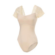 Lanbodance 여성용 반소매 레오타드 발레 댄스 성인 발레리나 댄스 코스튬 베이지/레이스