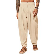 Runcati 남성용 리넨 배기 팬츠 플리츠 캐주얼 하렘 팬츠 비치 히피 여름 바지 베이지.