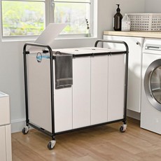 180L 47.55갤런 세탁 분류기 3 섹션 잠글 수 있는 바퀴와 뚜껑이 롤링 바구니 분리 가능한 가방 3개가 세탁실 정리용 더러운 옷 블랙, 48Gal, 화이트-4Sec