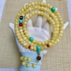 紫南宮過爐加持 天然蜜蠟老型108顆佛珠多圈俄料白花細膩搭配綠鬆石隔珠三通款, 1個, 10*8mm老型帶綠鬆隔珠三通配飾108,袋裝