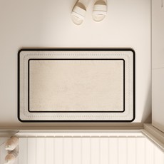 吸水地墊 進口浴室地垫硅藻泥吸水速干脚垫防滑防摔洗手间家用地毯 腳踏墊 軟墊 廚房 浴室地墊 防滑墊, 1個, 黑白線條幾何矩形圓角 【原木風仿麻紋理】,40cm×60cm【吸水防滑 腳過無痕】