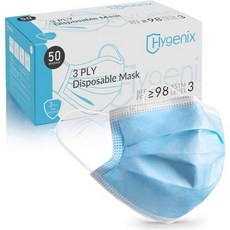 하이제닉스 FDA 미국산 ASTM 레벨 3 프로시저 마스크 승인 ≥ 98 여과 체액 저항성 3겹 이어 루프 50팩 승인, Light Blue
