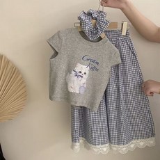 女童印花短袖T恤套裝 格紋荷葉邊裙兩件式兒童夏裝
