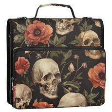 ALAZA Retro Skull Flowers 지퍼 바인더 3.8cm(1.5인치) 3링 오거나이저 어깨 스트랩과 핸들 포함 홈 오피스 작업용