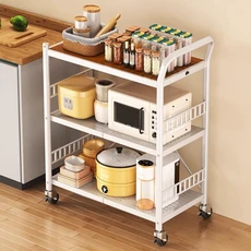 Bornoon 접이식 서빙카트 이동식 수납 전자레인지 선반 3단 트롤리 테이블, 화이트, 1개