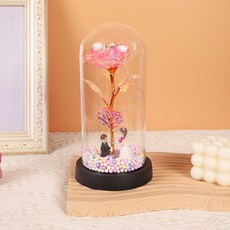 위어라 금박 로즈 유리 돔 - 24K 고급 실크 장미 단일 부케 여자친구/아내 생일/기념일/발렌타인데이 감성 선물, 플라스틱 검정색 바닥 - 장미색 프로포즈 모델 - 색깔