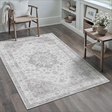 PureCozy 5.1x12.7cm(2x5인치) 러너 러그 베이지 세탁 가능한 복도 주방 침실 빈티지 디스트레스드 욕실 미끄럼 방지 메달리온 꽃무늬 카펫 실내 레트로 바닥 매트, 3 x 5피트, 회색