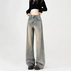 BIKASU 여성 기본 핀턱 일자 와이드 청바지 빅사이즈 캐주얼 하이웨스트 데님 팬츠