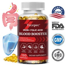 철분 + 엽산 보충제 - 비타민 C B12 및 천연 시금치 분말이 함유된 혈액 부스터로 헤모글로빈을 증가시키고 건강한 혈액 순환 및 적혈구 지원 강화, 60캡슐, 1개