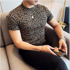 남자 스판 프린트 반목 개성 호피 남자 티 반팔 슬림 반목 티셔츠 상의