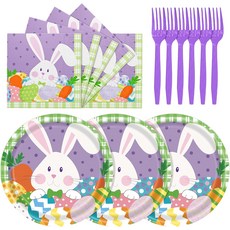 72PCS 부활절 종이 접시 및 냅킨 일회용 7인치 디저트 샐러드 봄 파티 장식용 6.3인치 포크가 포함된 6.5인치 24개 제공이스터, Easter