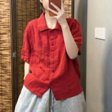 文藝森系翻領短袖棉麻襯衫 夏季新款寬鬆顯瘦大碼女裝