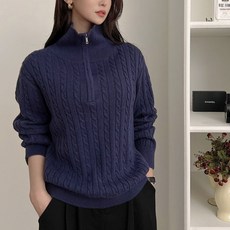 Tteugaejin 女款寬鬆彈性麻花Luiton半拉鍊高領針織衫
