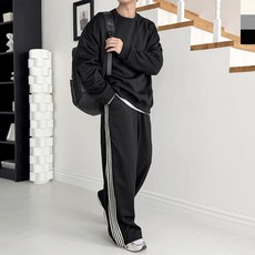 남성 힙한 스웨트 테잎 라인 와이드 대학생 데일리 팬츠