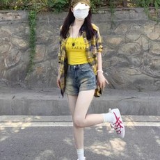 新款夏季學生穿搭格子長袖襯衣 小吊帶 牛仔短褲三件套 女生套裝, 牛仔短褲【單件】,L 建議96-105斤, N/A